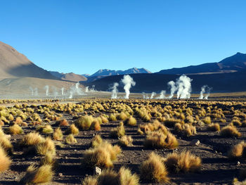 Panoramic shot of land against clear blue sky
