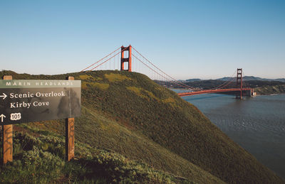 View of suspension bridge against clear sky