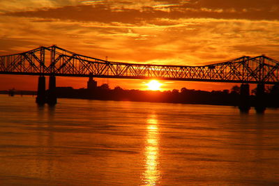 Silhouette of bridge over river during sunset