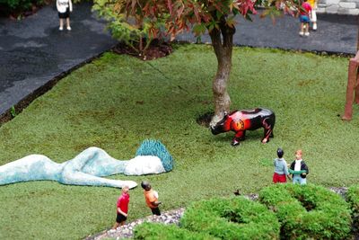 High angle view of men playing on grass