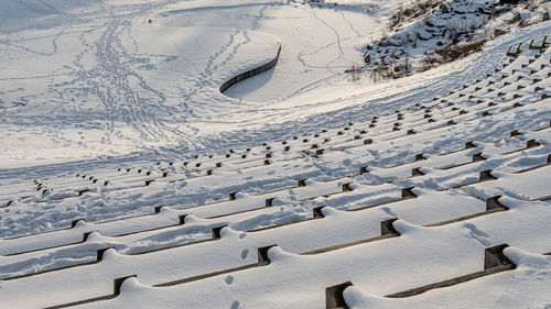 High angle view of snow covered field