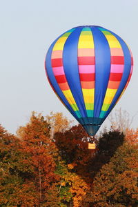 Multi colored hot air balloon flying over trees against sky