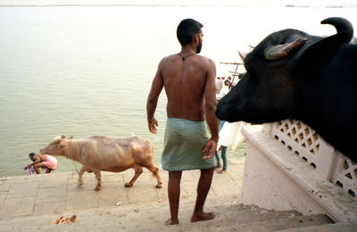 Rear view of shirtless man standing in water