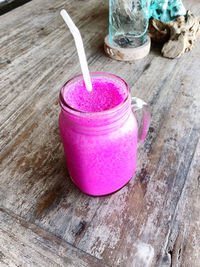 High angle view of drink in jar on table