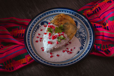 High angle view of meal served on table