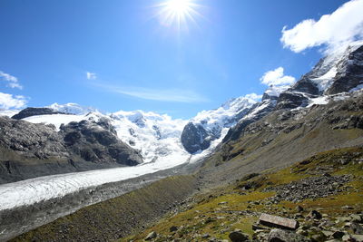 Scenic view of snowcapped mountains against sky on sunny day