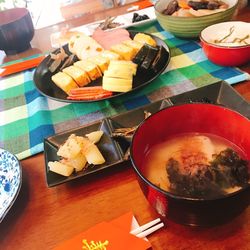 High angle view of food on table