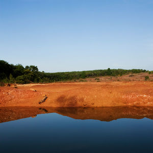 Scenic view of lake against clear blue sky