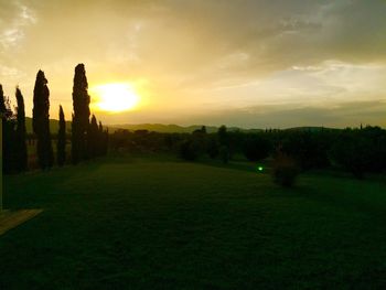 Scenic view of field against sky at sunset