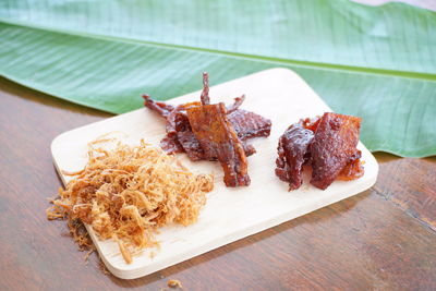 High angle view of food served on table