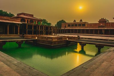 Reflection of building in swimming pool