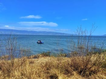 Scenic view of sea against blue sky