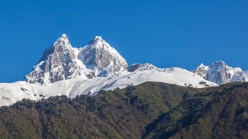 Scenic view of snowcapped mountains against clear blue sky