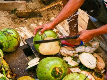 High angle view of man preparing food