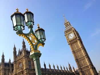 Low angle view of clock tower against sky in city