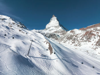 Scenic view of snowcapped mountains against clear blue sky