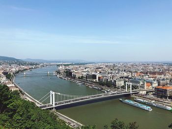 High angle view of bridge over river by buildings against sky