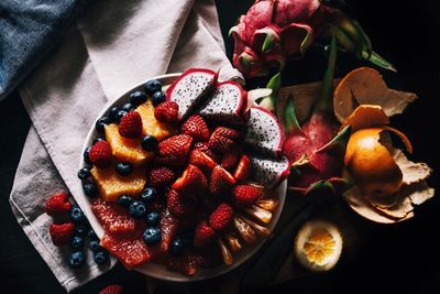 High angle view of fruits on table