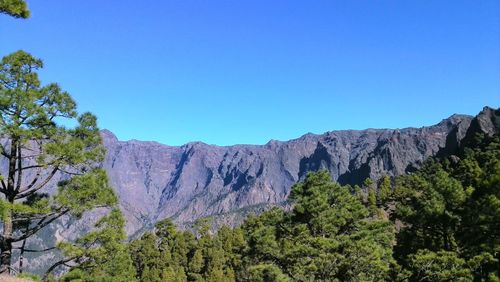 Scenic view of mountains against clear blue sky