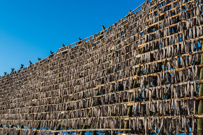 Low angle view of building against clear blue sky