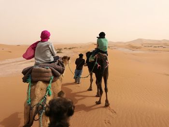 Rear view of people riding horse in desert against sky