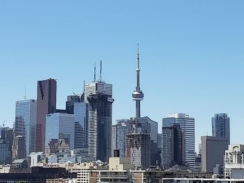 Modern buildings in city against clear sky