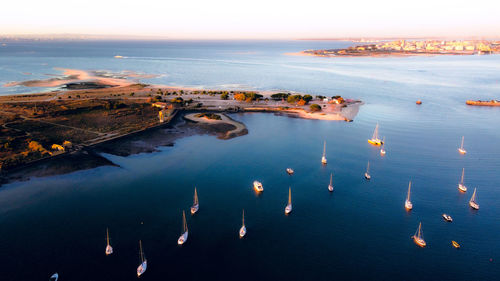 High angle view of boats in sea