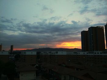 High angle view of buildings in city at sunset