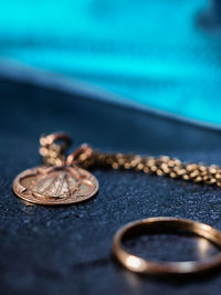 Close-up of coins on table