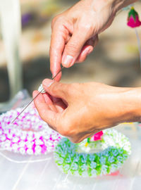 Close-up of woman hand holding pink flowers