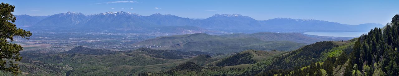 Wasatch front rocky mountains from the oquirrh mountains utah lake and great salt lake valley usa.