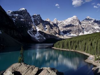 Scenic view of lake against cloudy sky