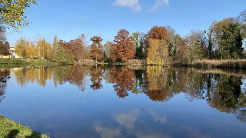 Reflection of trees in lake against sky during autumn