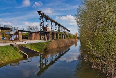 Built structure by river against sky