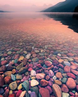 Surface level of stones at beach during sunset