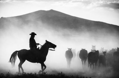 People riding horse on field against sky