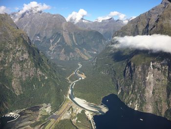 High angle view of valley and mountains