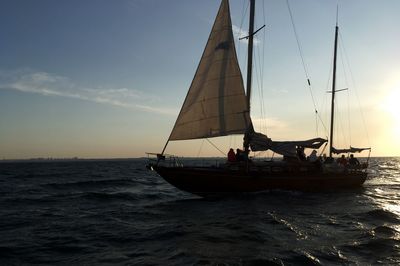 Sailboat sailing on sea against sky