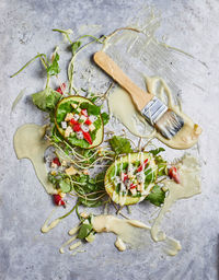 High angle view of vegetables on cutting board