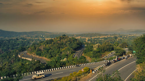 High angle view of townscape against sky during sunset