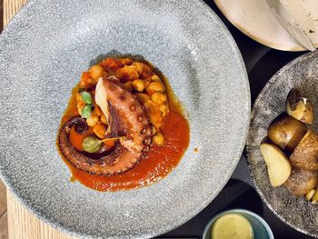 High angle view of breakfast served on table