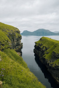 Scenic view of land and mountains against sky