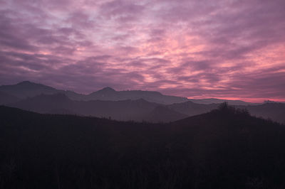 Scenic view of silhouette mountains against sky at sunset