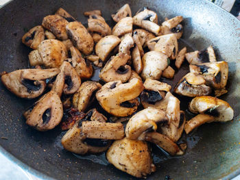 High angle view of mushrooms in container