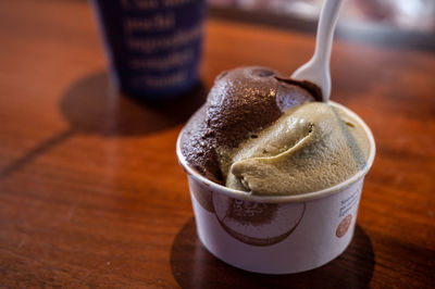 Close-up of ice cream in bowl on table