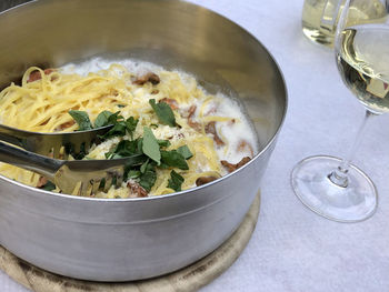 High angle view of food in bowl on table