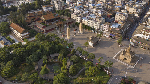 High angle view of townscape and street in city