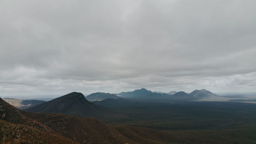 Scenic view of mountains against cloudy sky