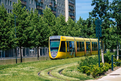 View of train against trees in city