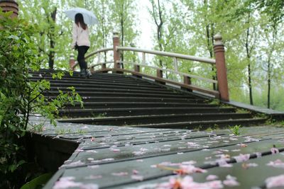 Woman walking on footbridge